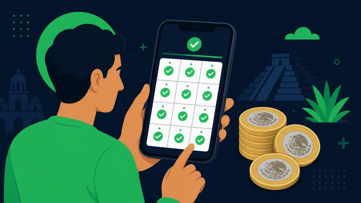 Calendario de doce meses con marcas verdes junto a monedas de pesos mexicanos