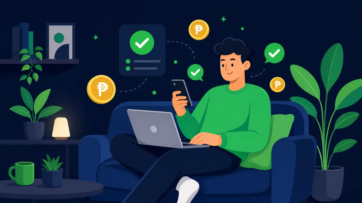 Persona en México solicitando un crédito desde el sofá con su celular y laptop