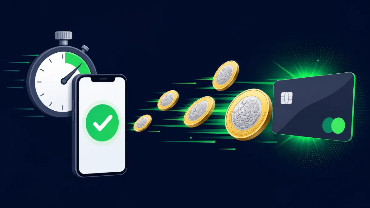 Persona en México recibiendo un depósito rápido en su celular, con un reloj y monedas de peso