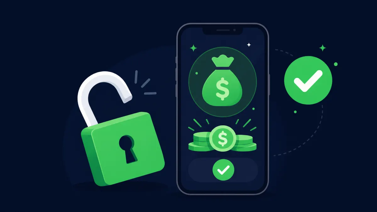Persona en México firmando digitalmente en su celular sin papeles, con un candado abierto y monedas de peso